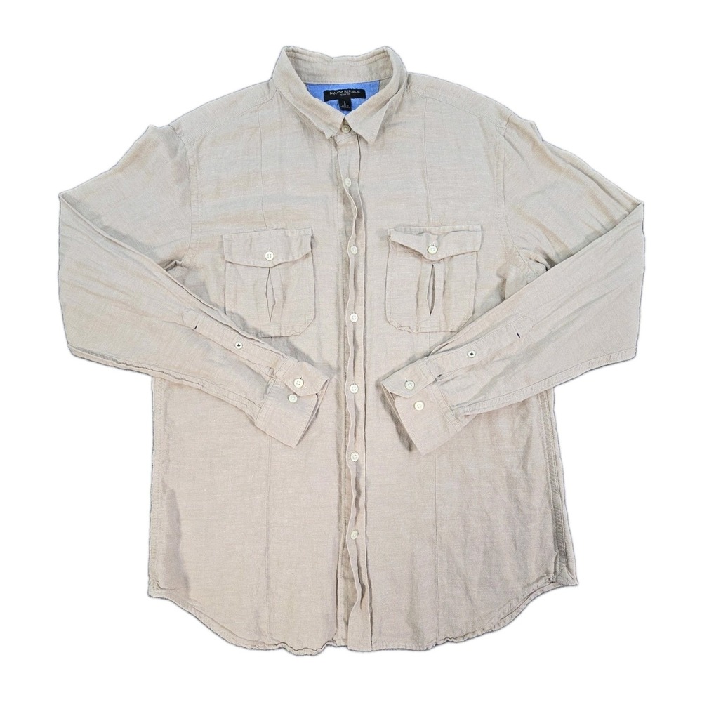 Banana Republic Mens L Linen Cotton Safari Shirt Tan Long Sleeve Pockets